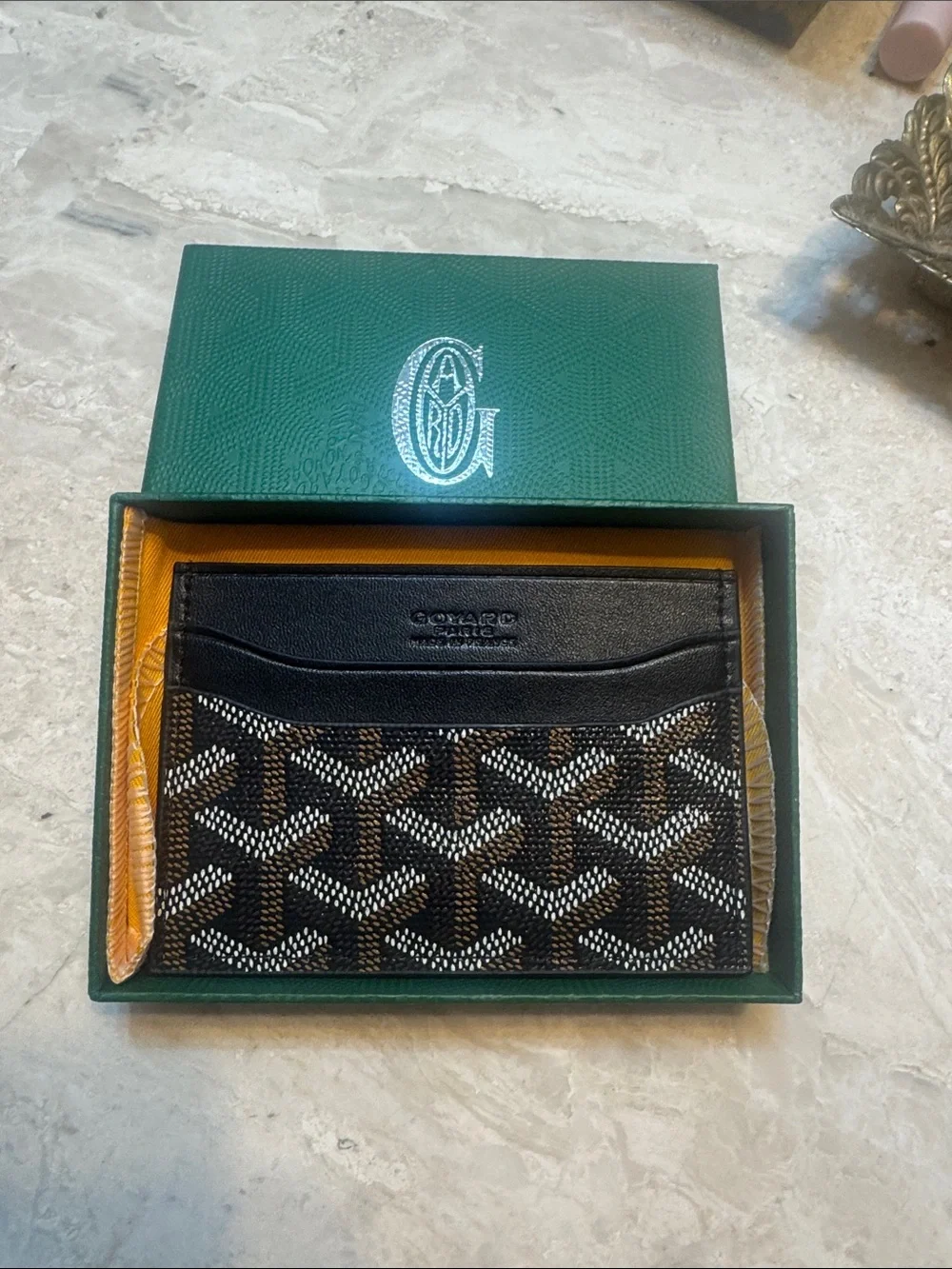 Goyard Black & Brown Goyardine Card Holder with White Accents